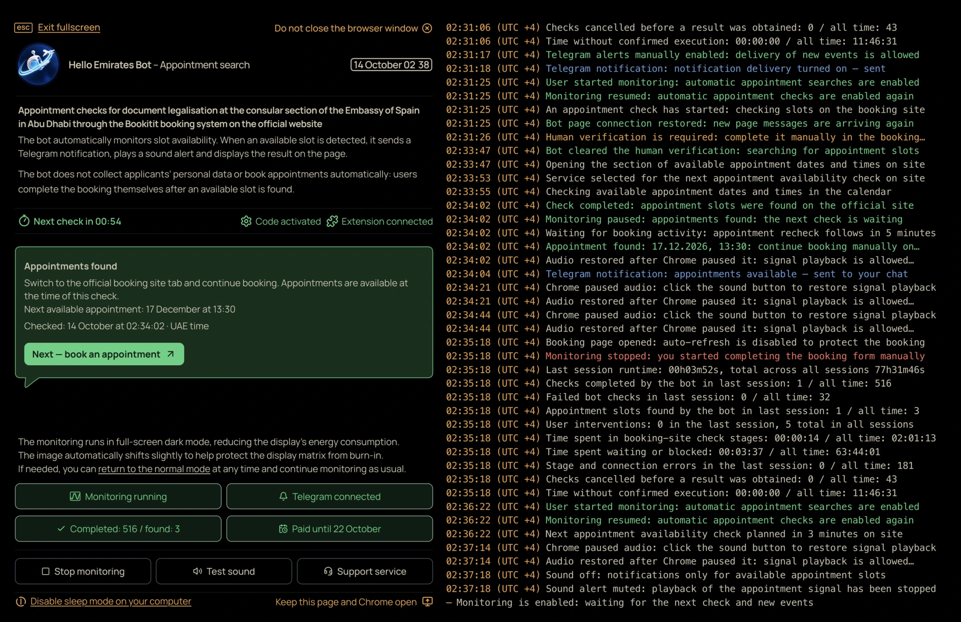 Hello Emirates Bot fullscreen: clock and status on the left, live event journal and statistics on the right, monitoring controls below