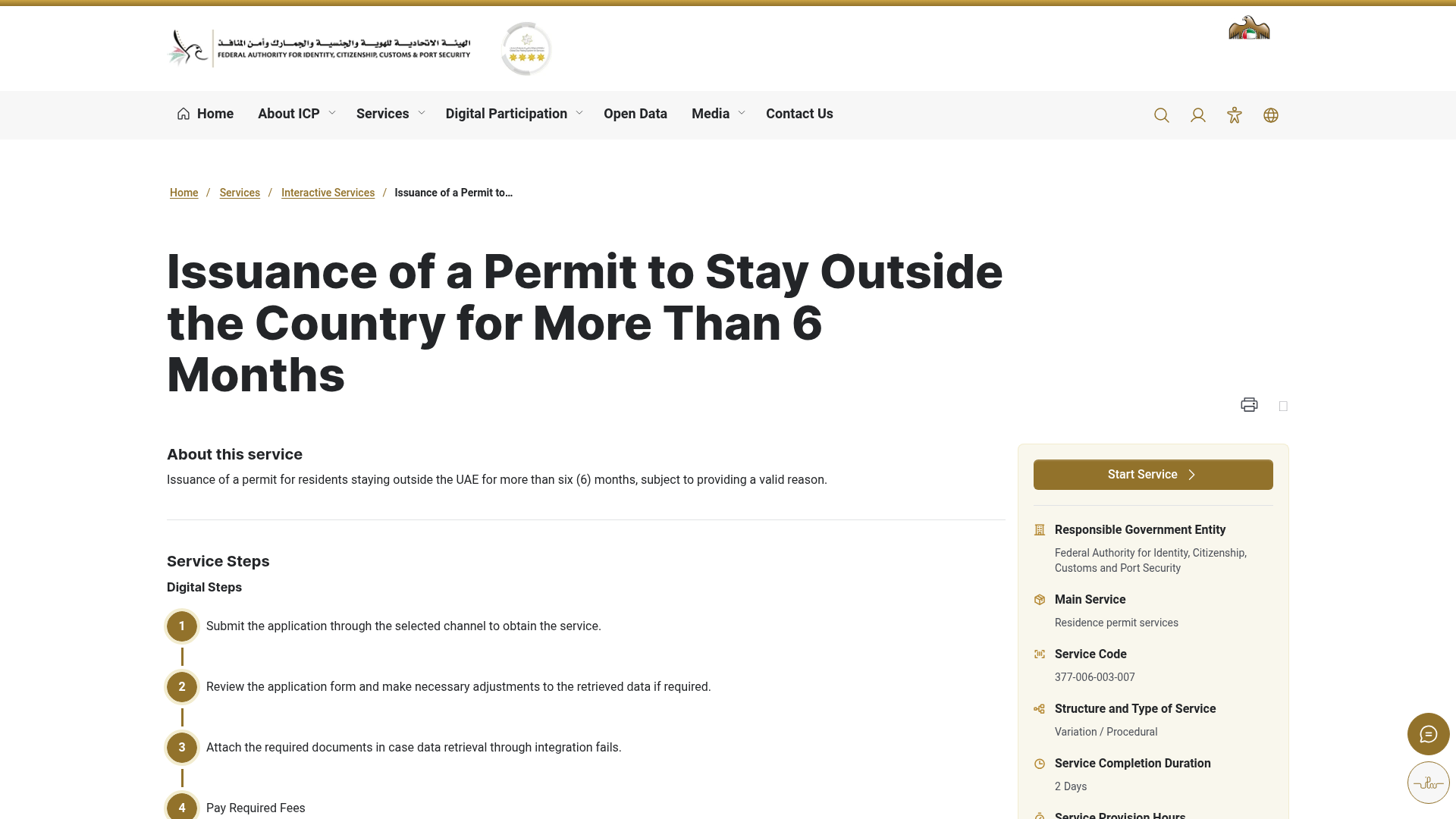 Official ICP service page for a permit to stay outside the UAE for more than six months
